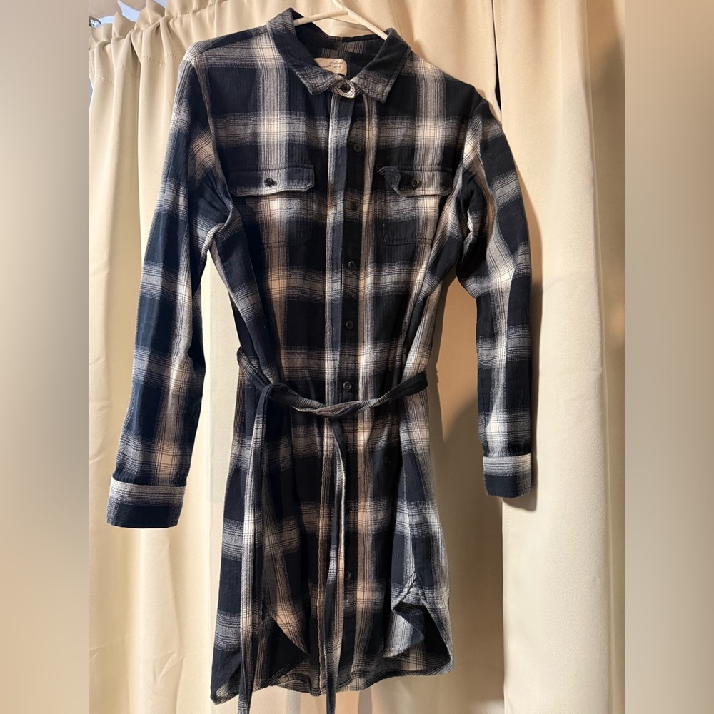 Plaid Button-Up Belted Shirt Dress Top Tunic Flannel Black & White